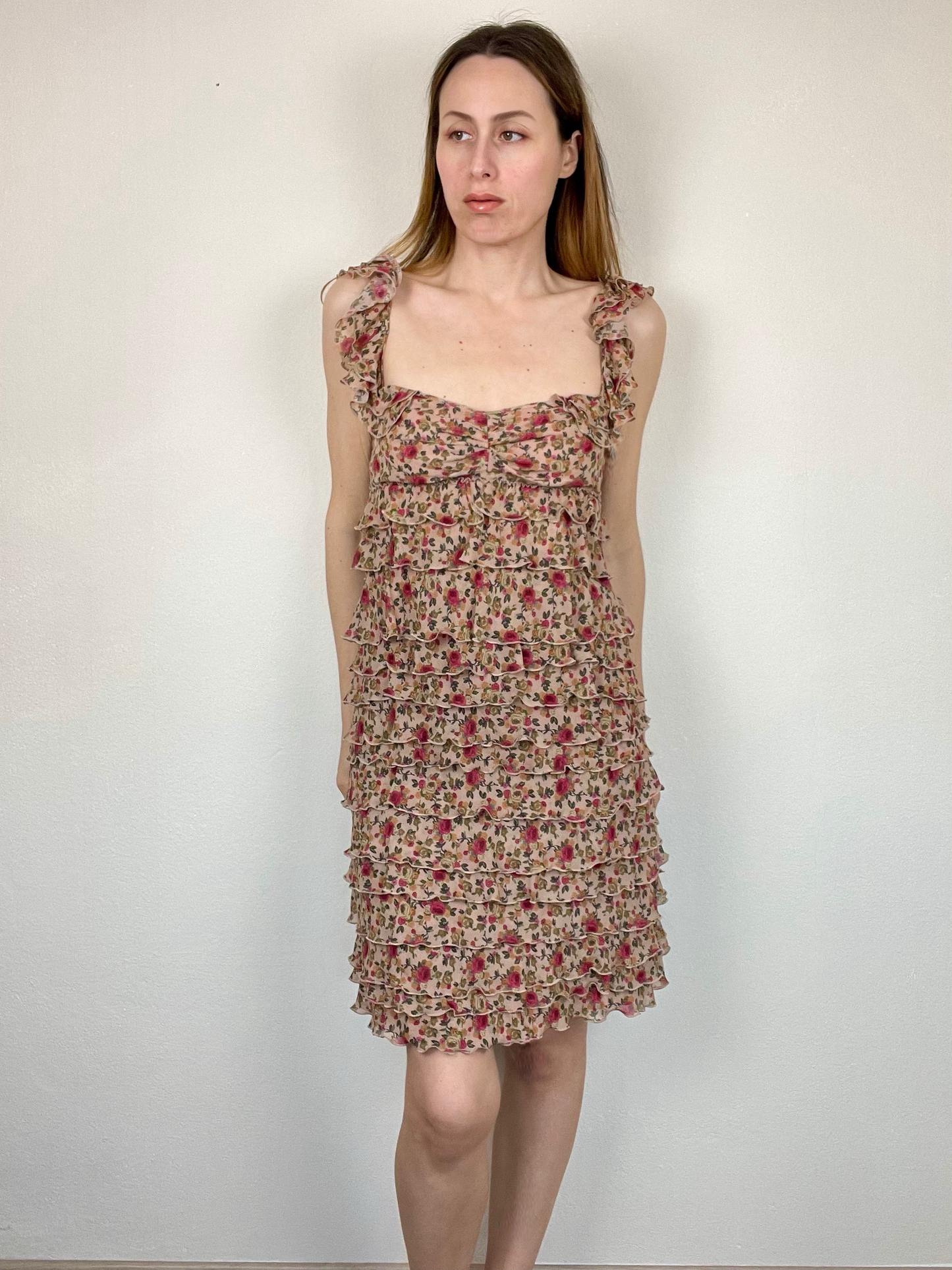 Moschino Cheap and Chic floral ruffled tiered silk dress