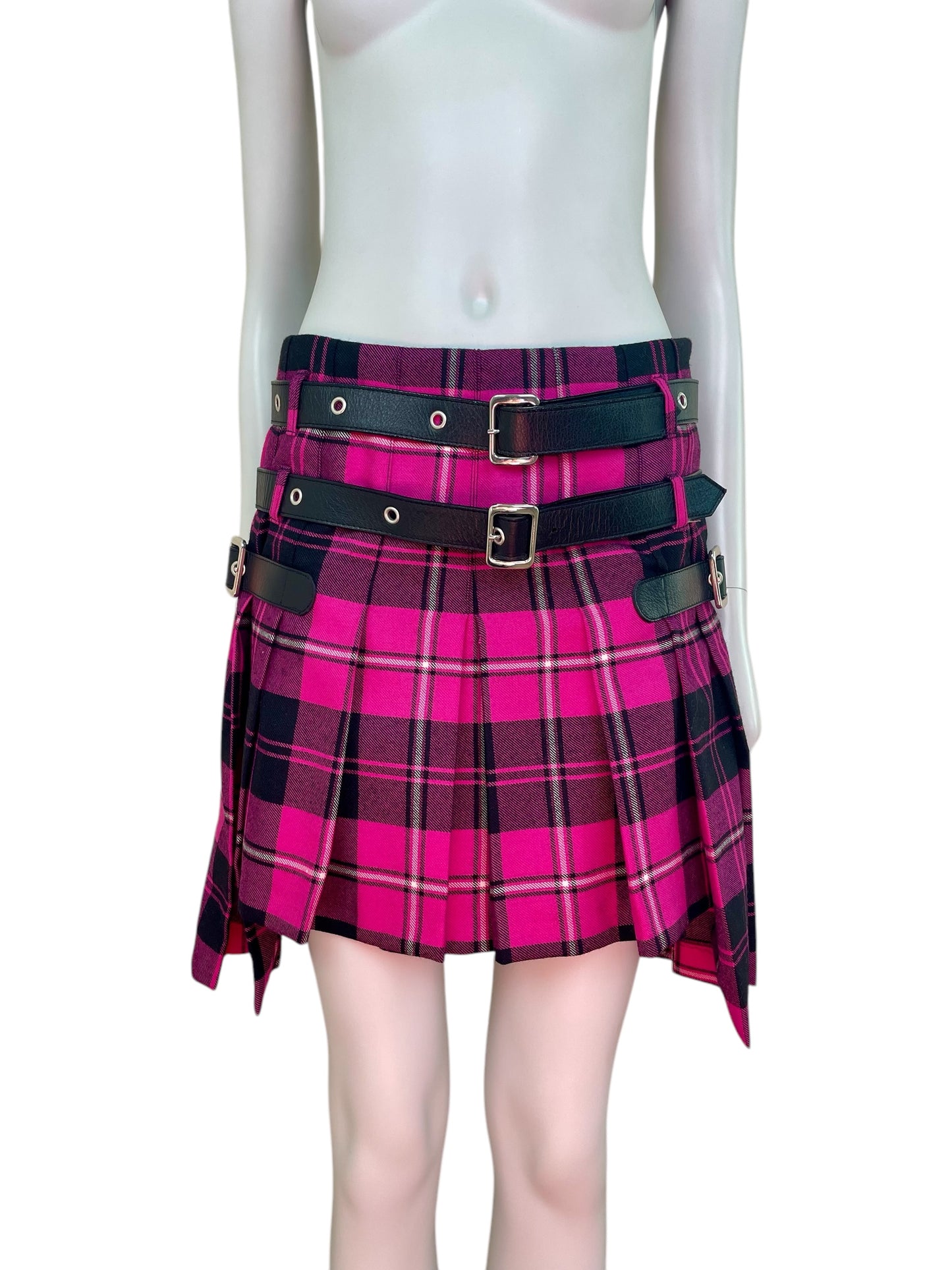 Dolce and Gabbana bondage pink plaid pleated mini skirt with leather belts