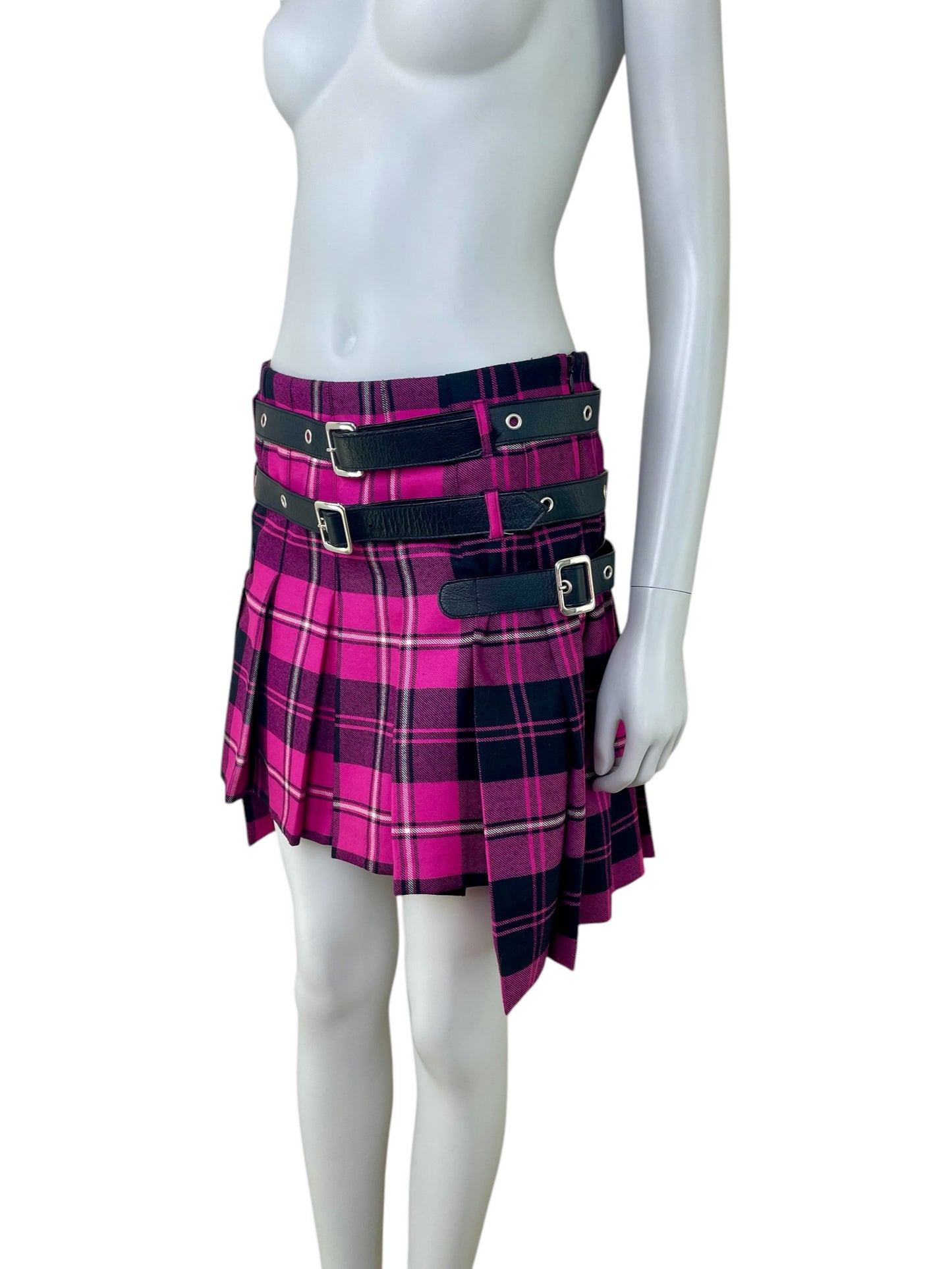 Dolce and Gabbana bondage pink plaid pleated mini skirt with leather belts