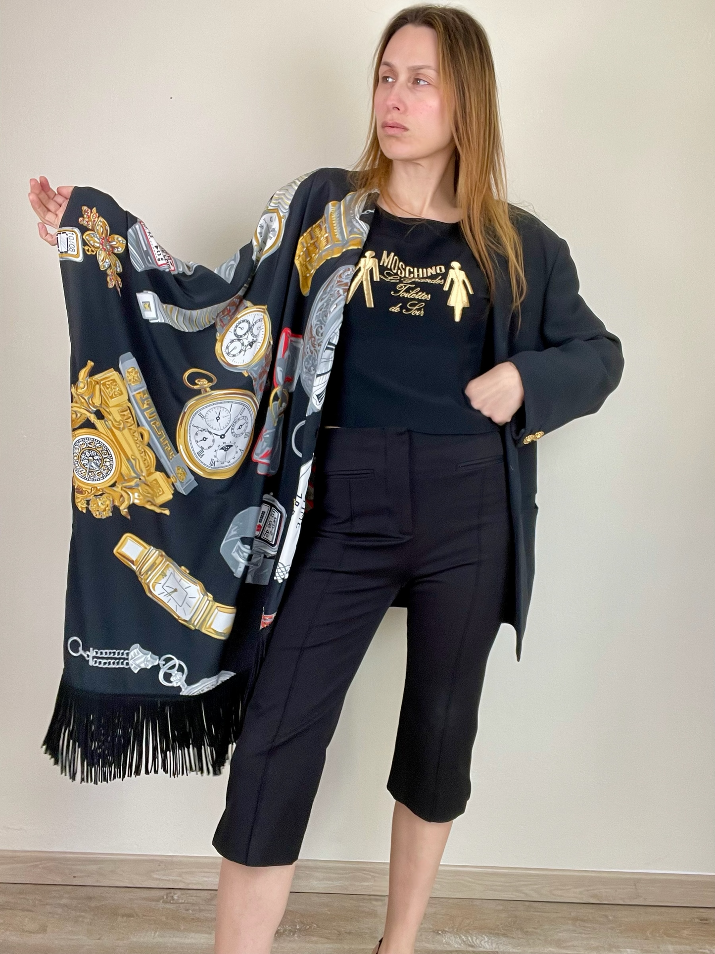Moschino Fall Winter 1986 novelty print shawl blazer jacket