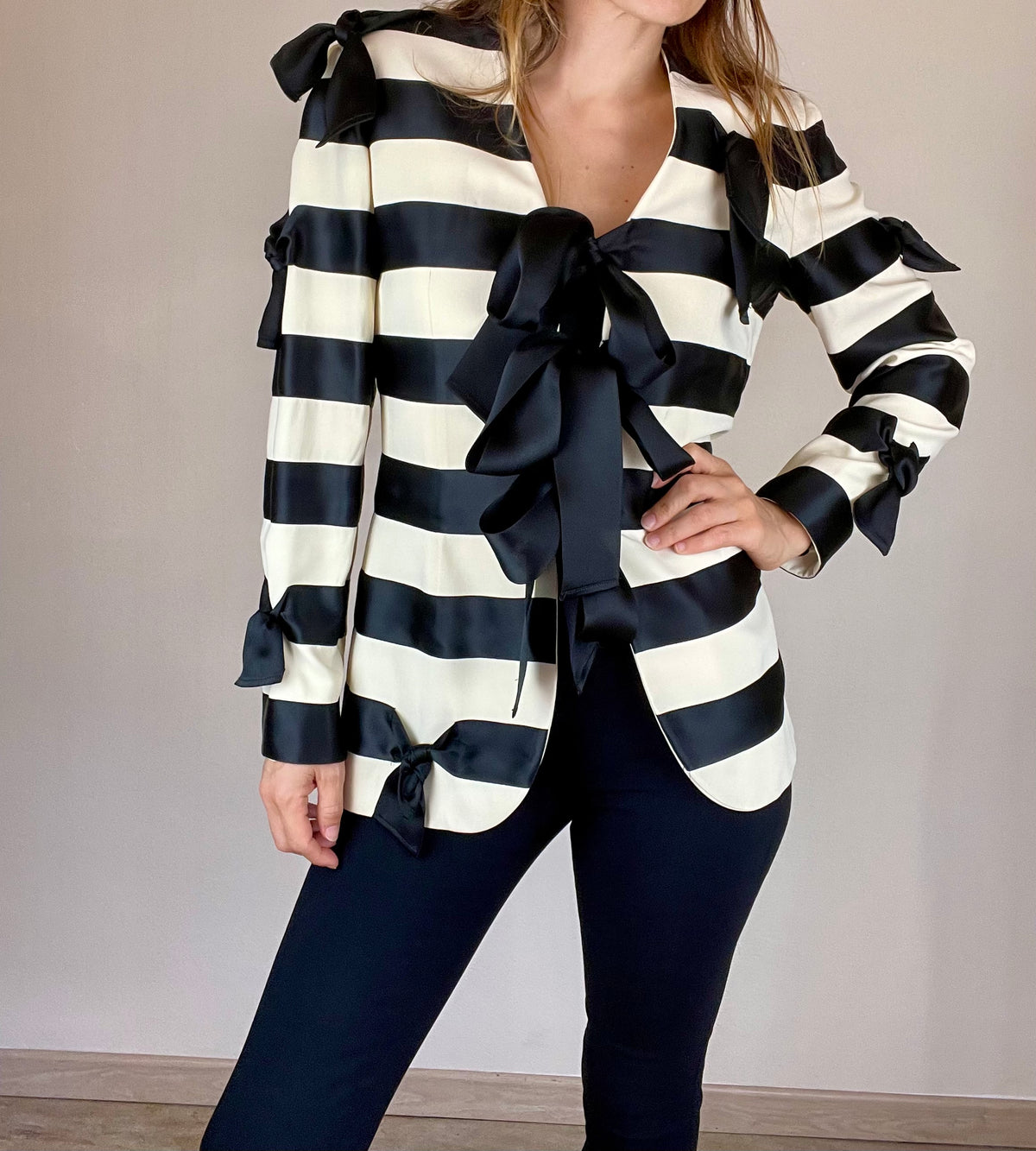 Moschino Couture Spring Summer 1993 striped ties and bows blazer jacket