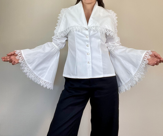 Plein Sud Spring Summer 1990 amazing lace shawl collar bell sleeve shirt