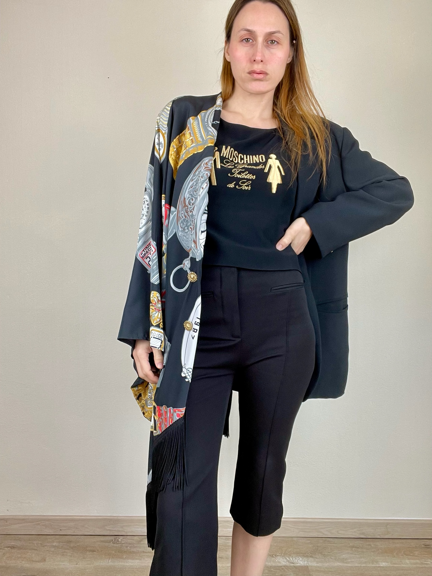Moschino Fall Winter 1986 novelty print shawl blazer jacket