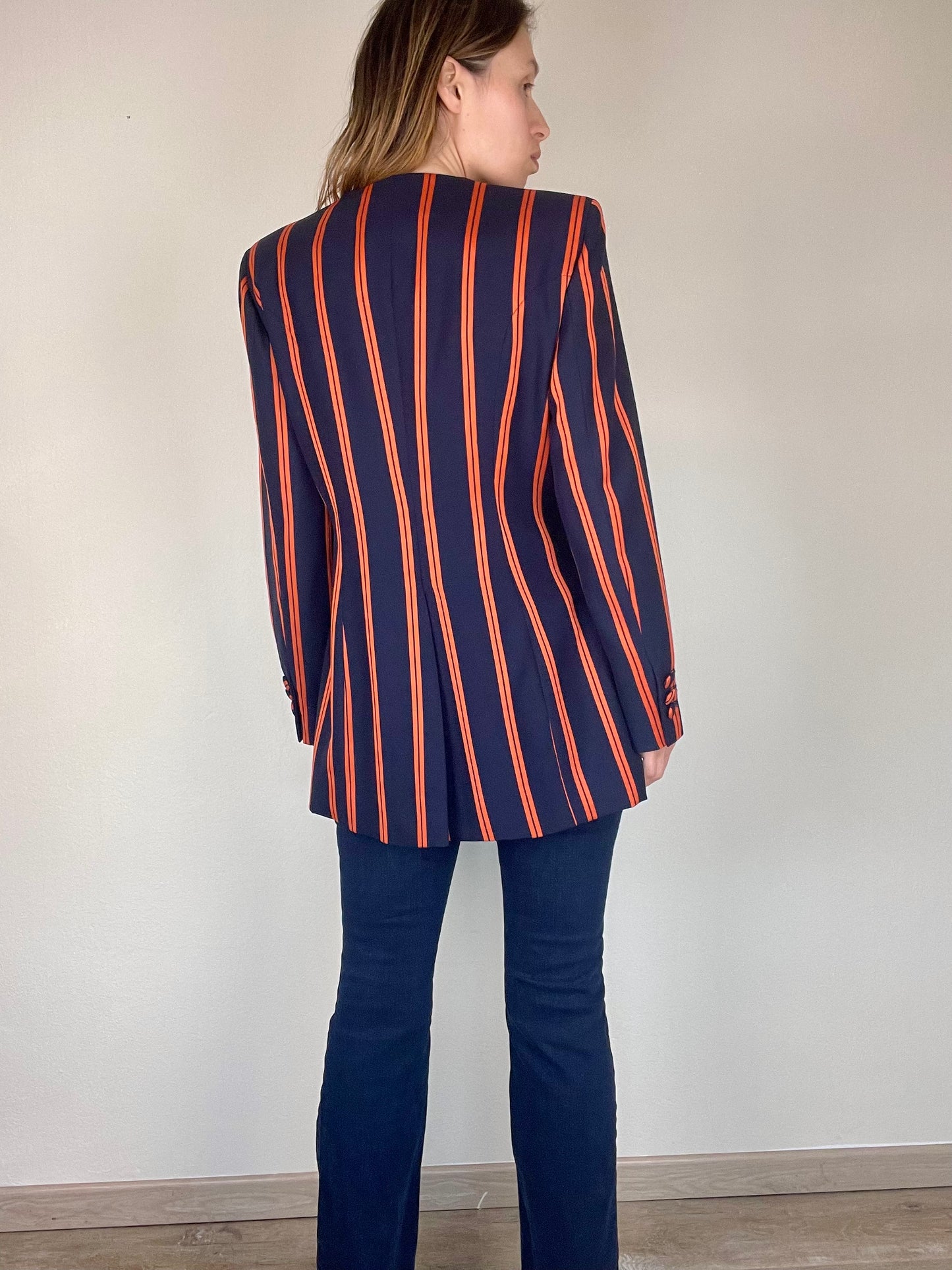 Moschino Couture navy and orange stripe blazer jacket
