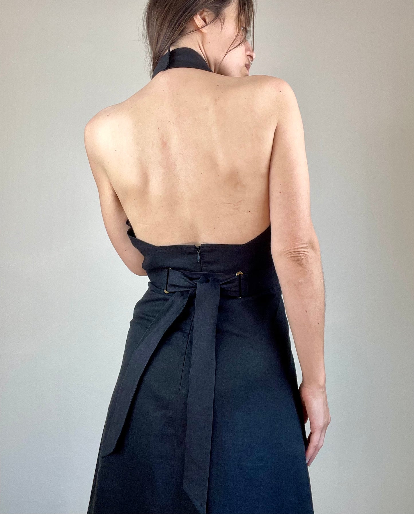 Max Mara black linen halter neck apron dress