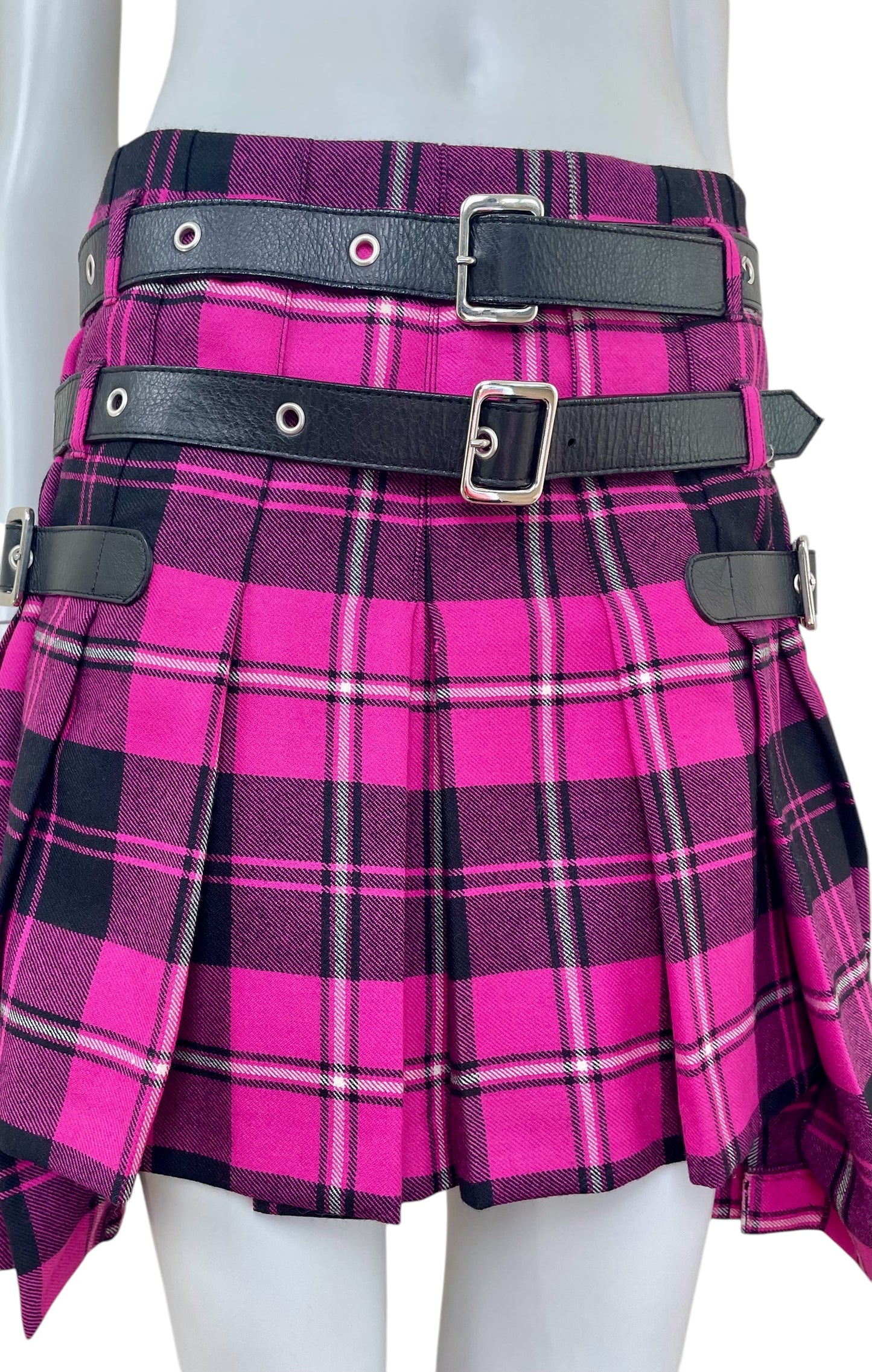 Dolce and Gabbana bondage pink plaid pleated mini skirt with leather belts