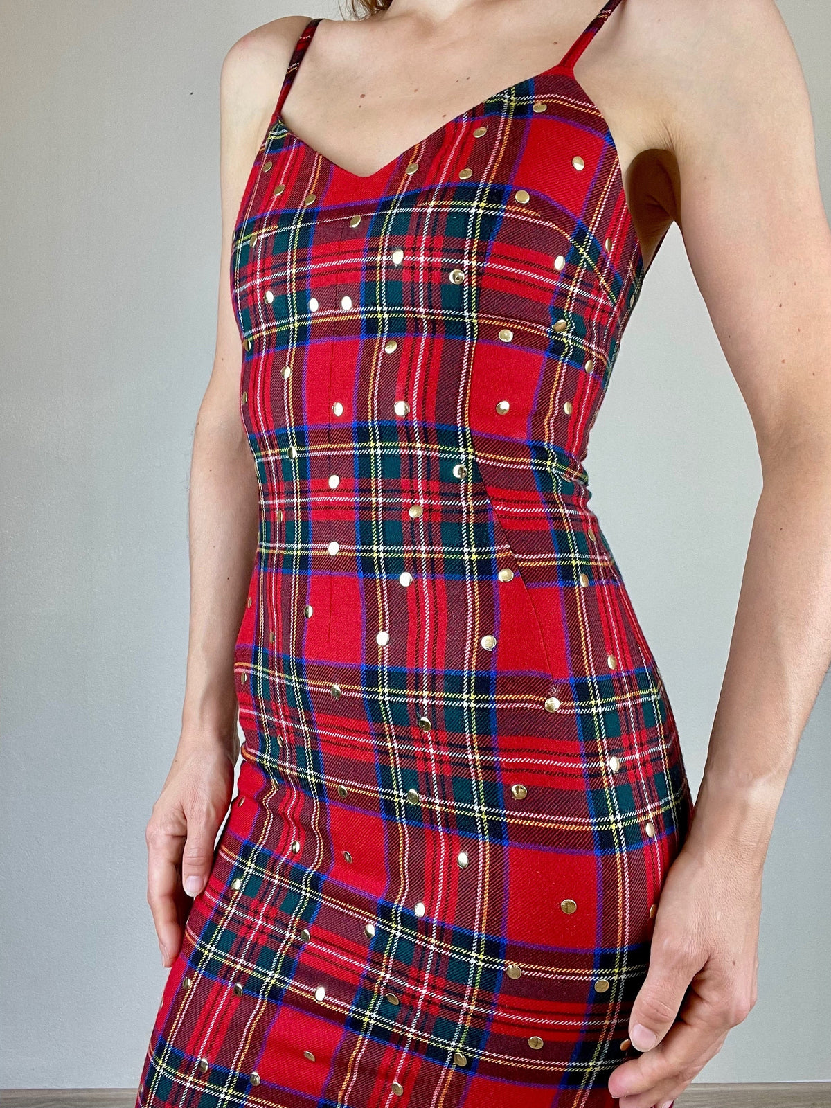 Dolce and Gabbana red plaid studded bodycon dress