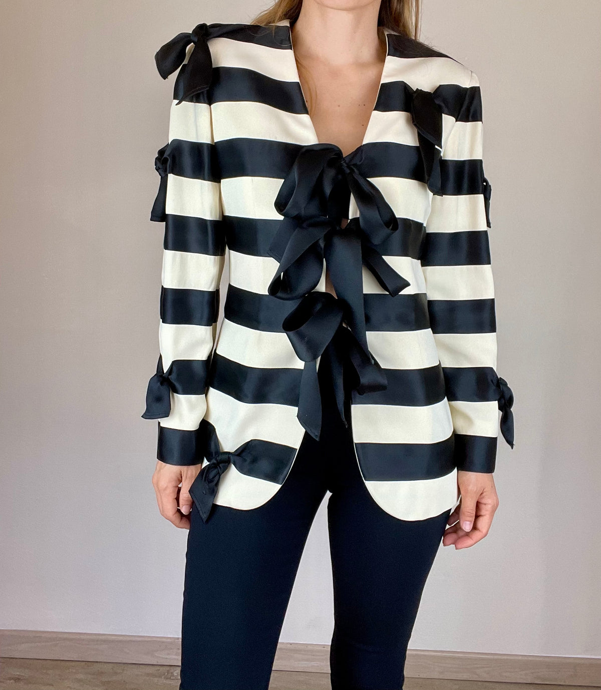 Moschino Couture Spring Summer 1993 striped ties and bows blazer jacket