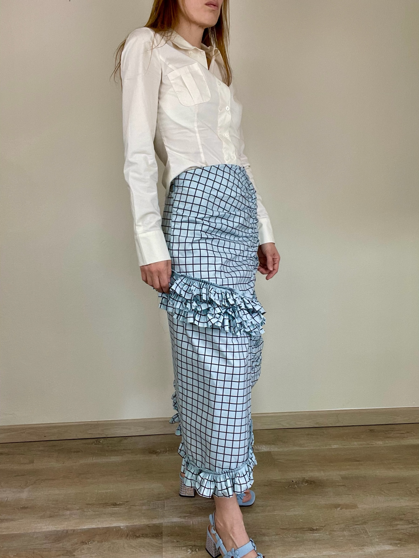 Marni checkered asymmetrical ruffled cotton skirt