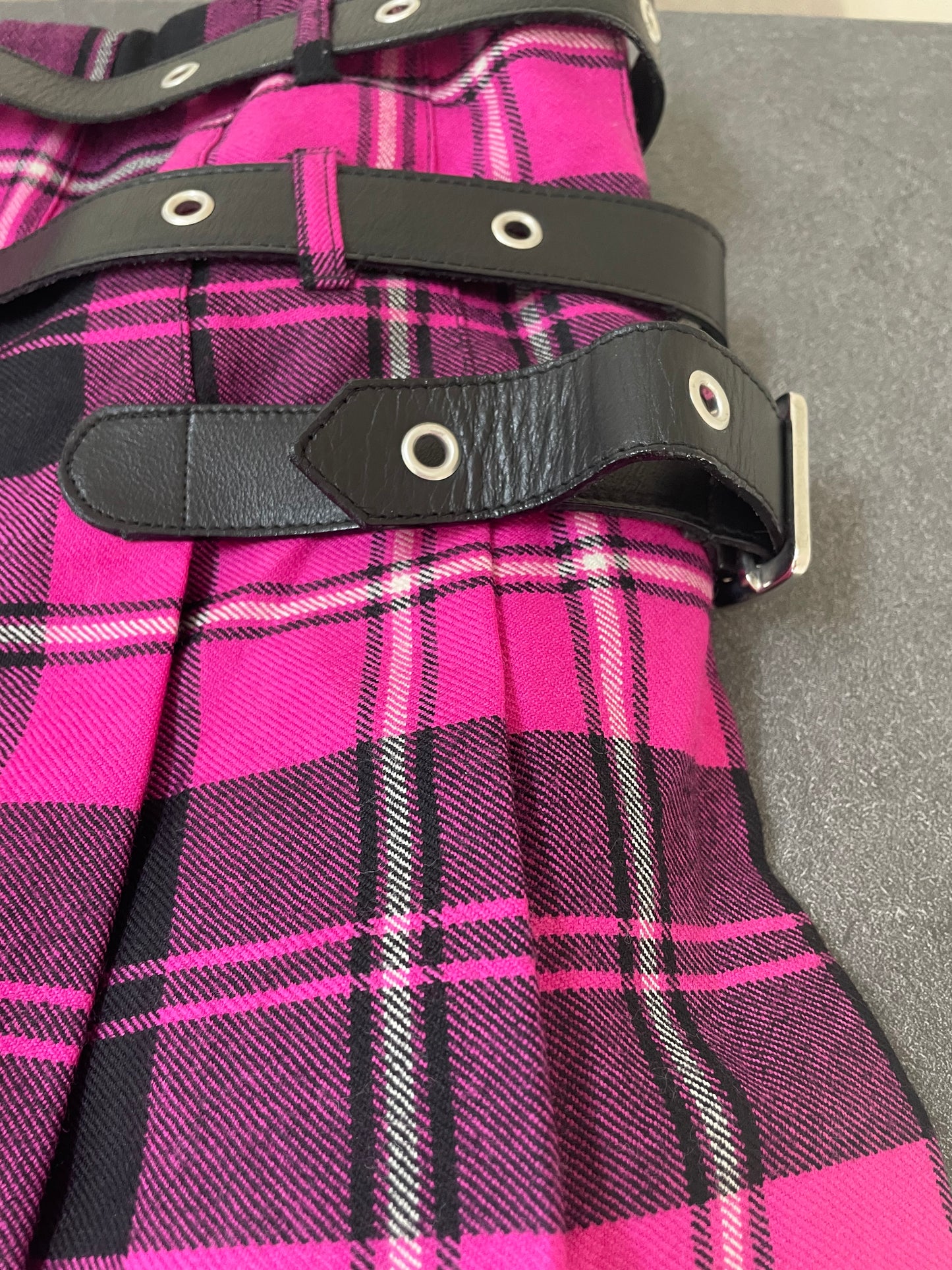 Dolce and Gabbana bondage pink plaid pleated mini skirt with leather belts