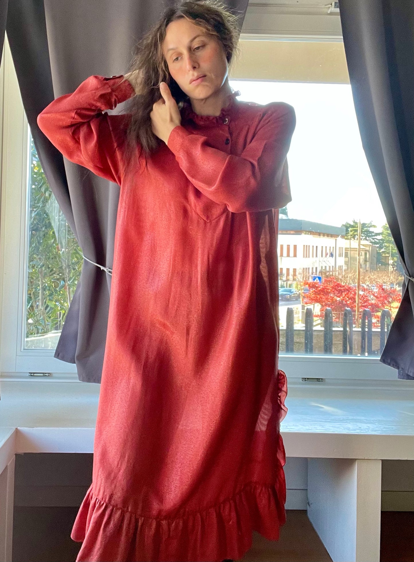 Laura Biagiotti silk ruffled coral red dress