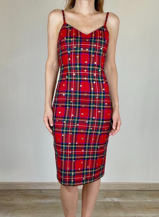 Dolce and Gabbana red plaid studded bodycon dress