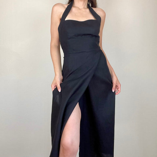 Max Mara black linen halter neck apron dress