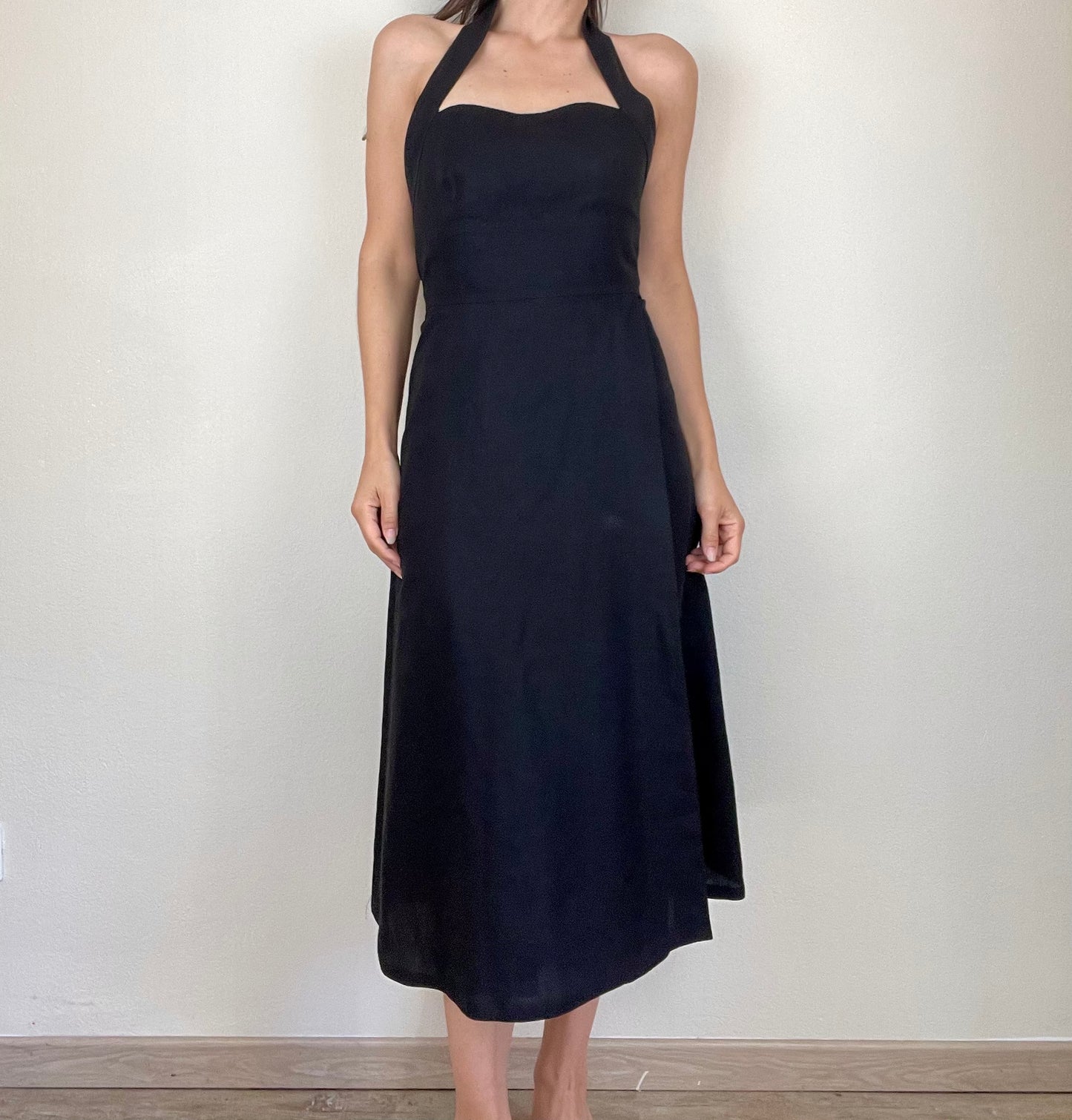 Max Mara black linen halter neck apron dress