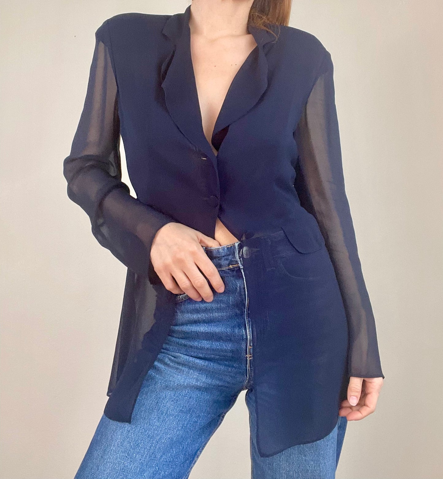 Alberta Ferretti navy blue sheer blouse jacket
