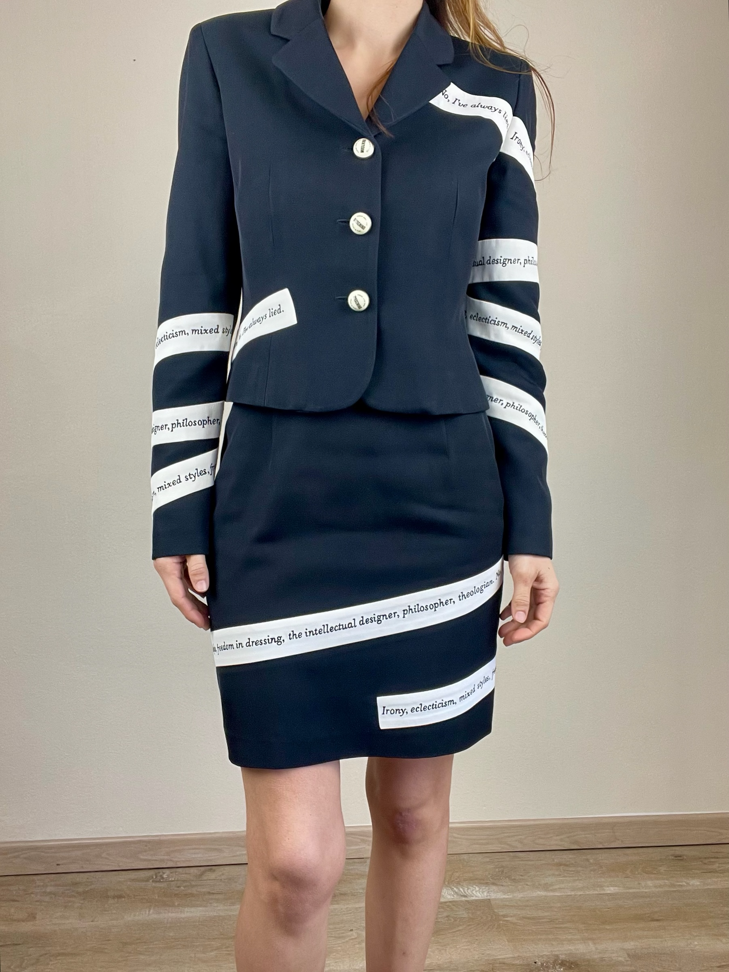 Moschino Cheap and Chic iconic text skirt suit the nanny Fran Fine