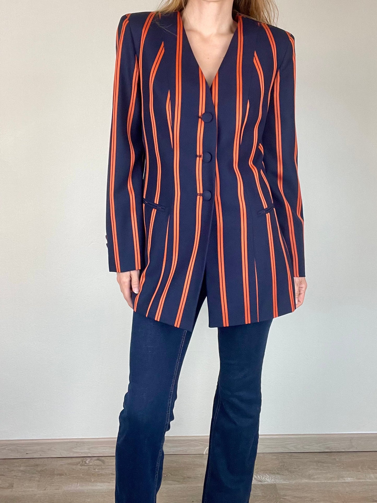 Moschino Couture navy and orange stripe blazer jacket