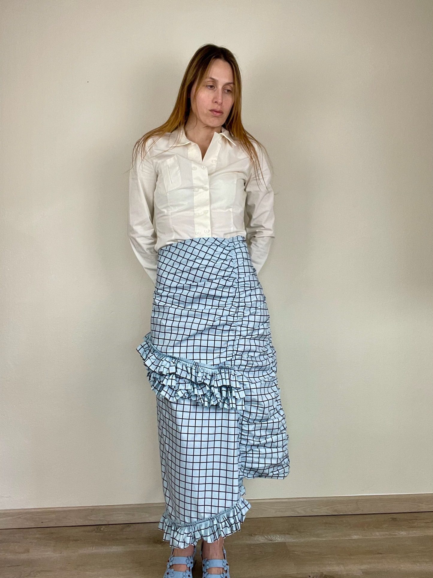 Marni checkered asymmetrical ruffled cotton skirt