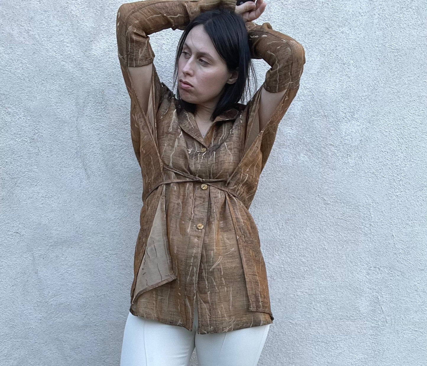 Gianfranco Ferré brown and beige cotton kimono shirt jacket