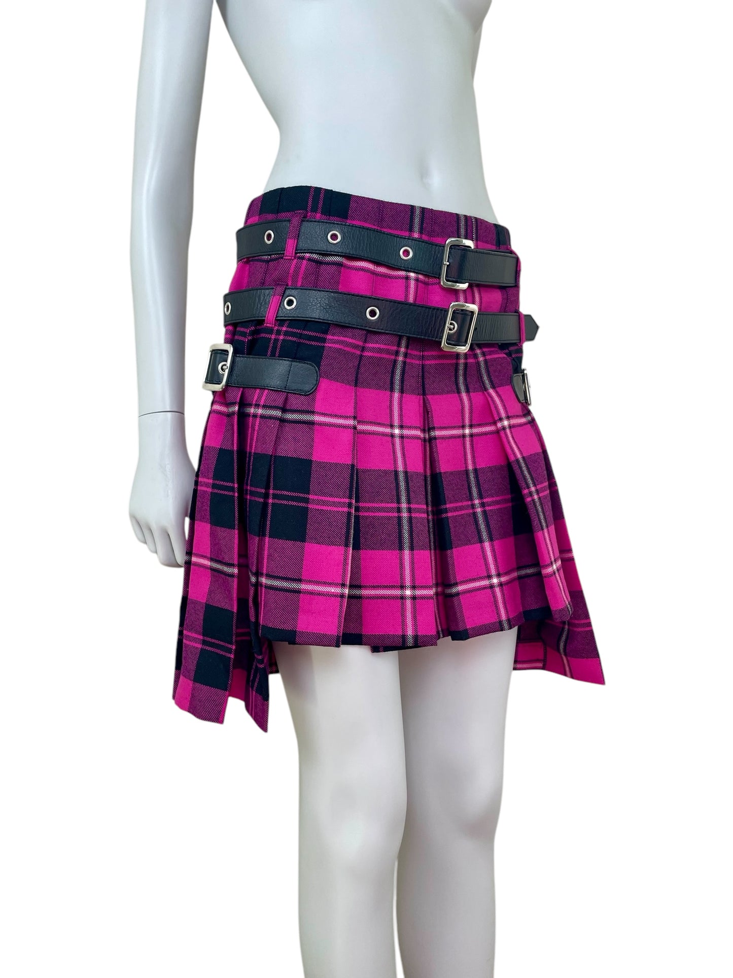 Dolce and Gabbana bondage pink plaid pleated mini skirt with leather belts