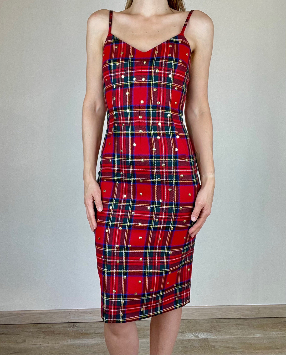 Dolce and Gabbana red plaid studded bodycon dress