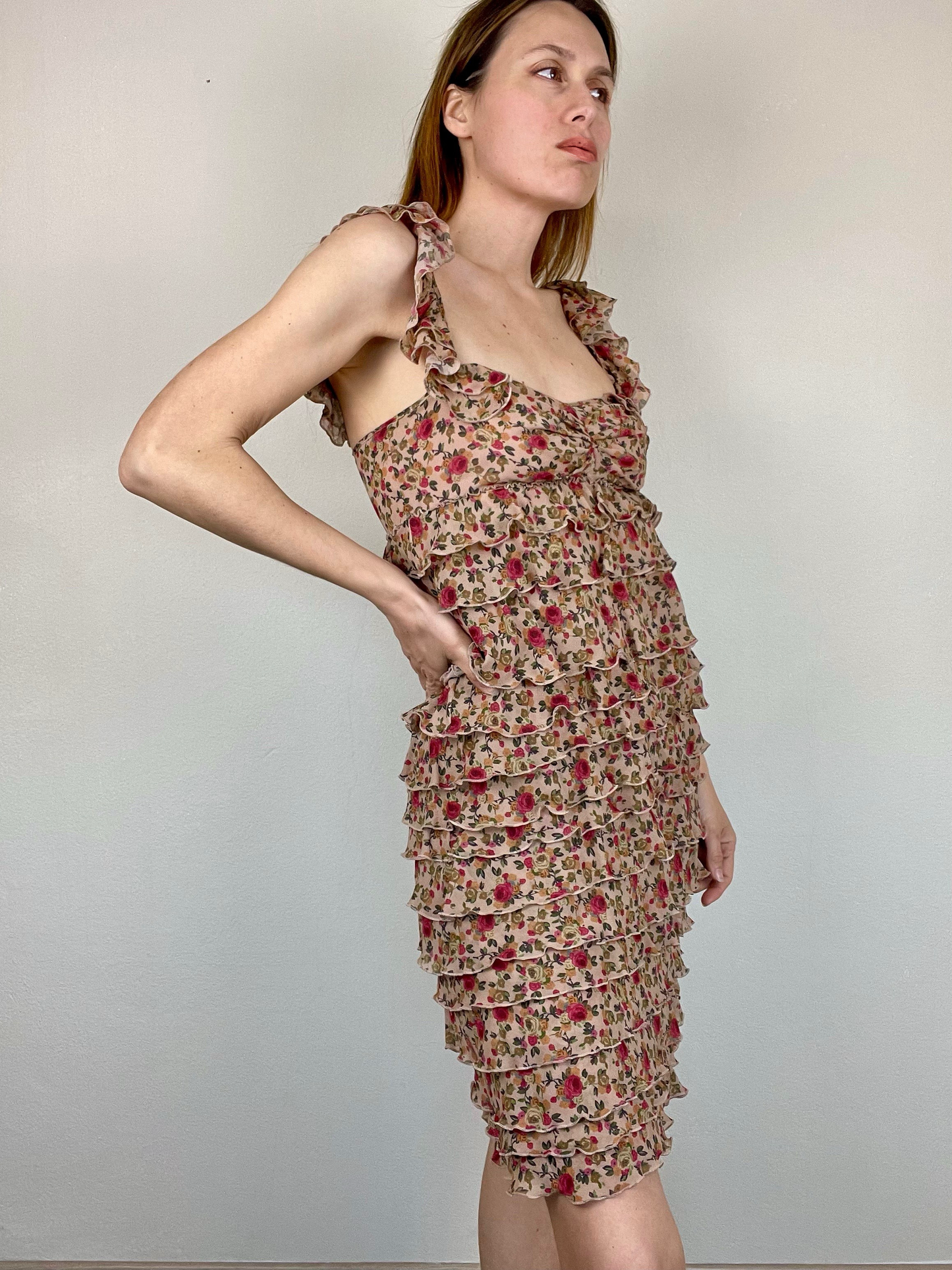 Moschino Cheap and Chic floral ruffled tiered silk dress