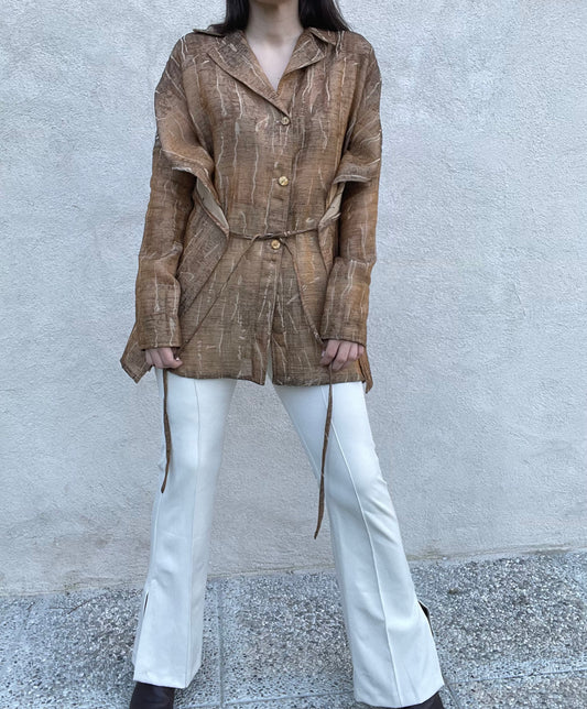 Gianfranco Ferré brown and beige cotton kimono shirt jacket