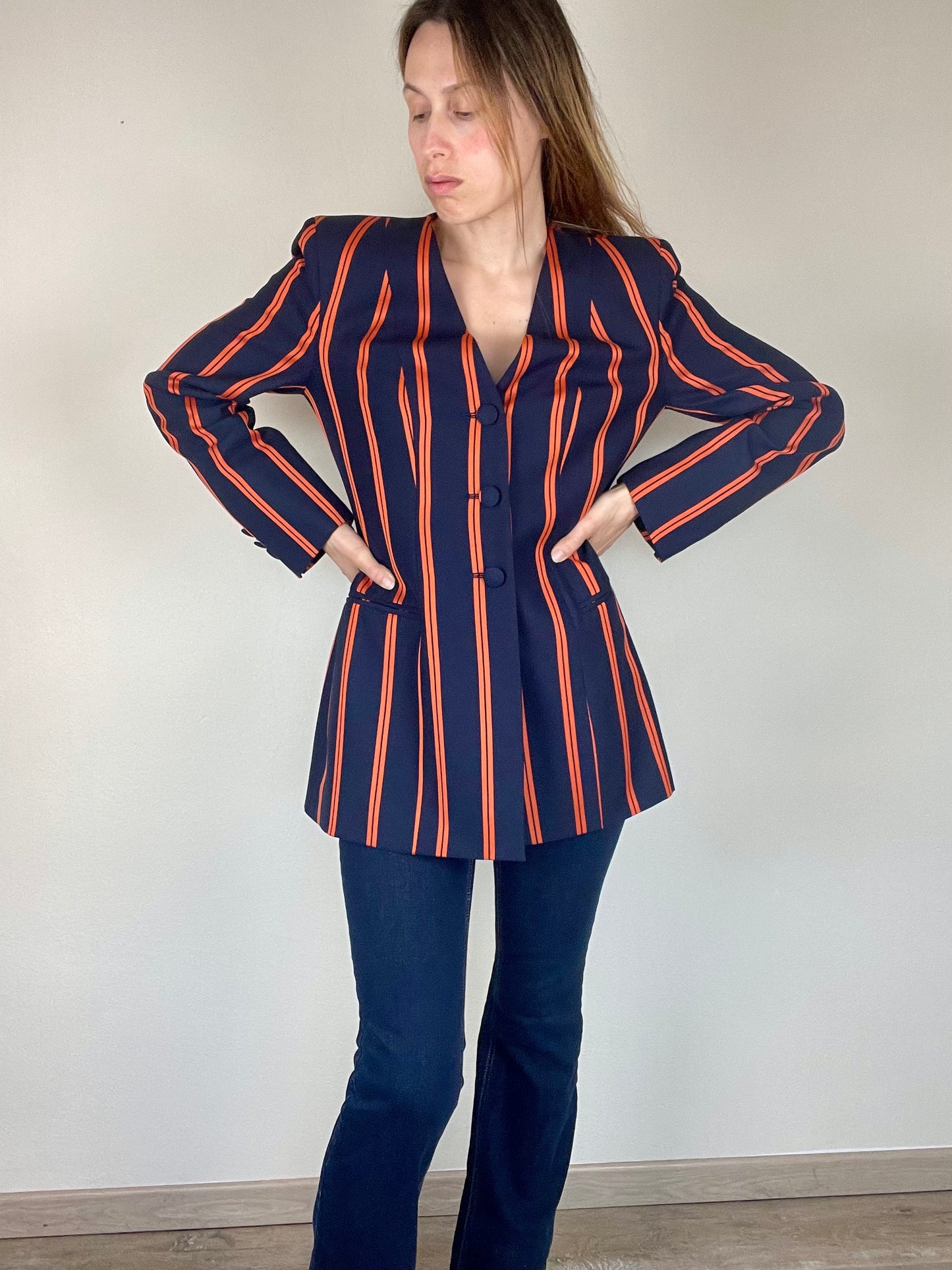 Moschino Couture navy and orange stripe blazer jacket