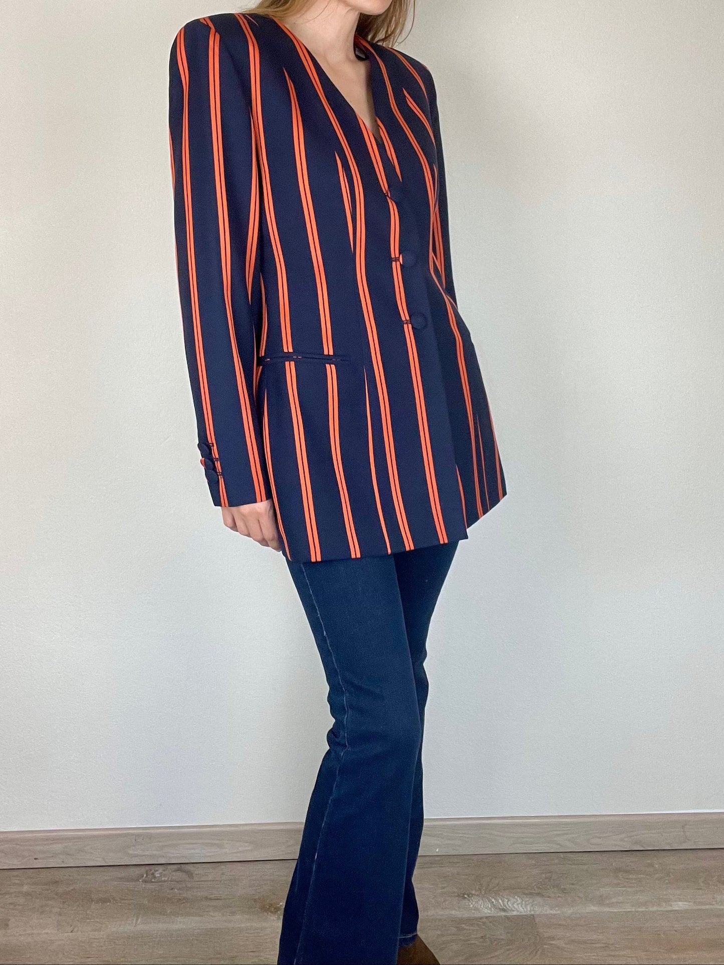 Moschino Couture navy and orange stripe blazer jacket