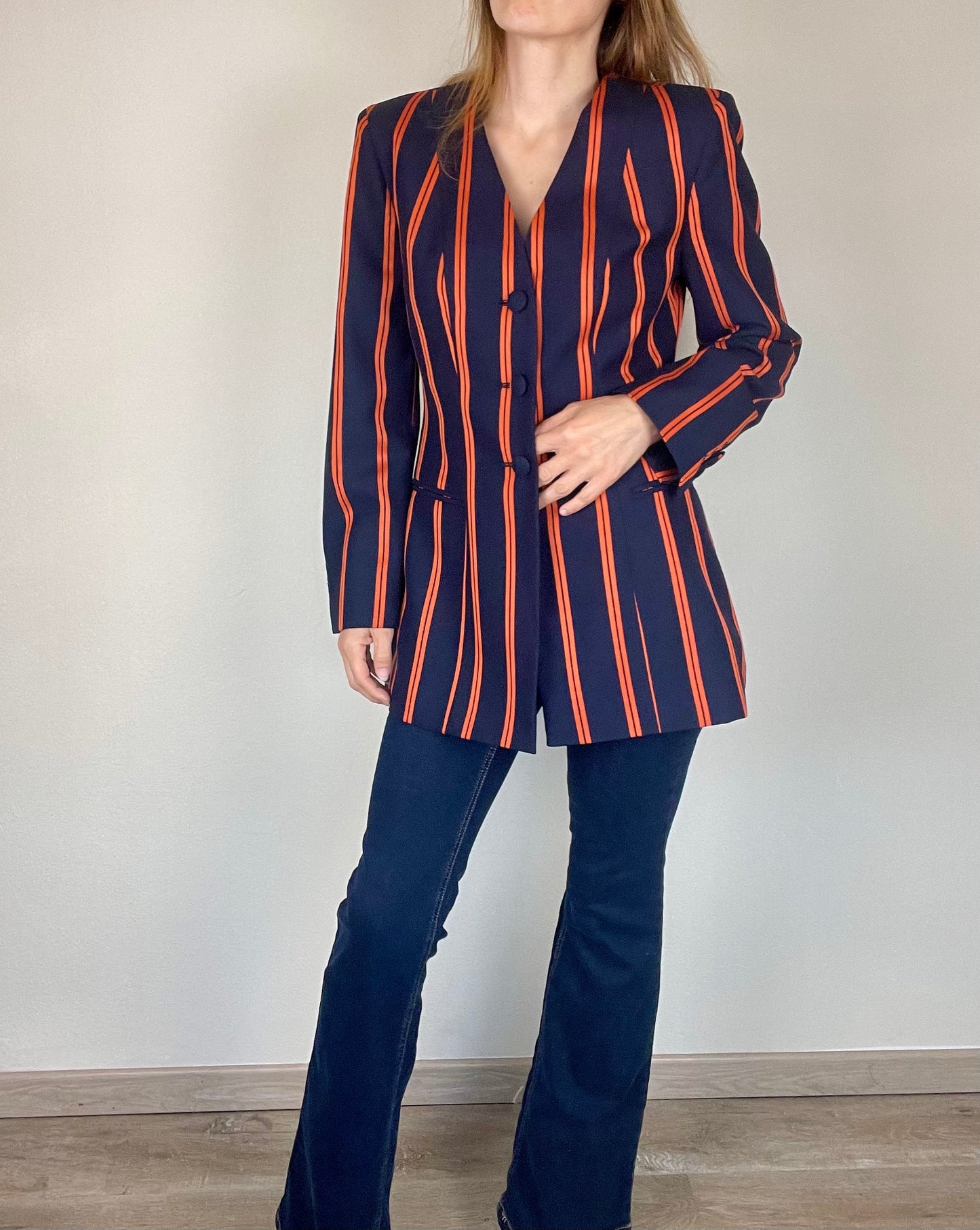 Moschino Couture navy and orange stripe blazer jacket