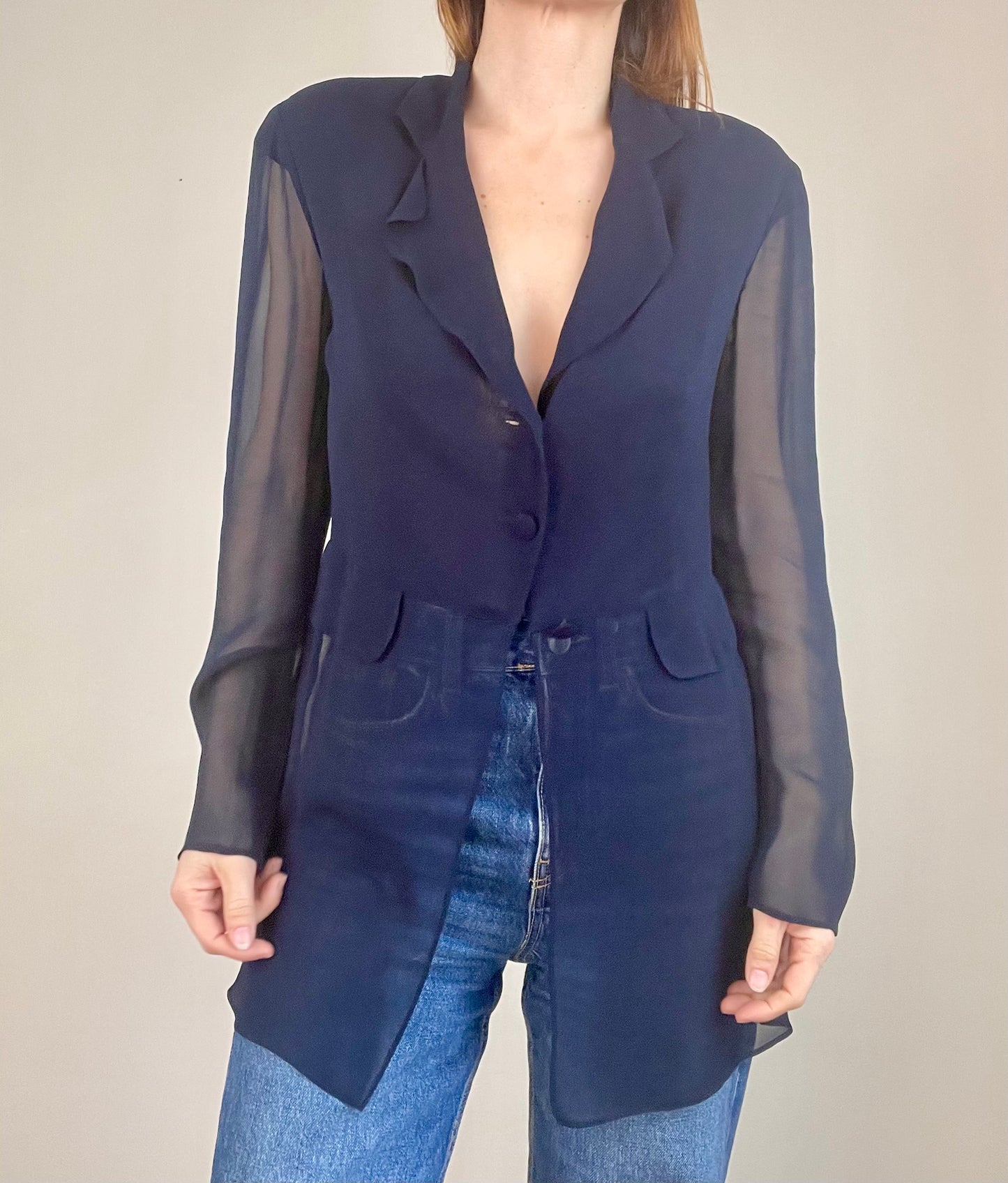 Alberta Ferretti navy blue sheer blouse jacket