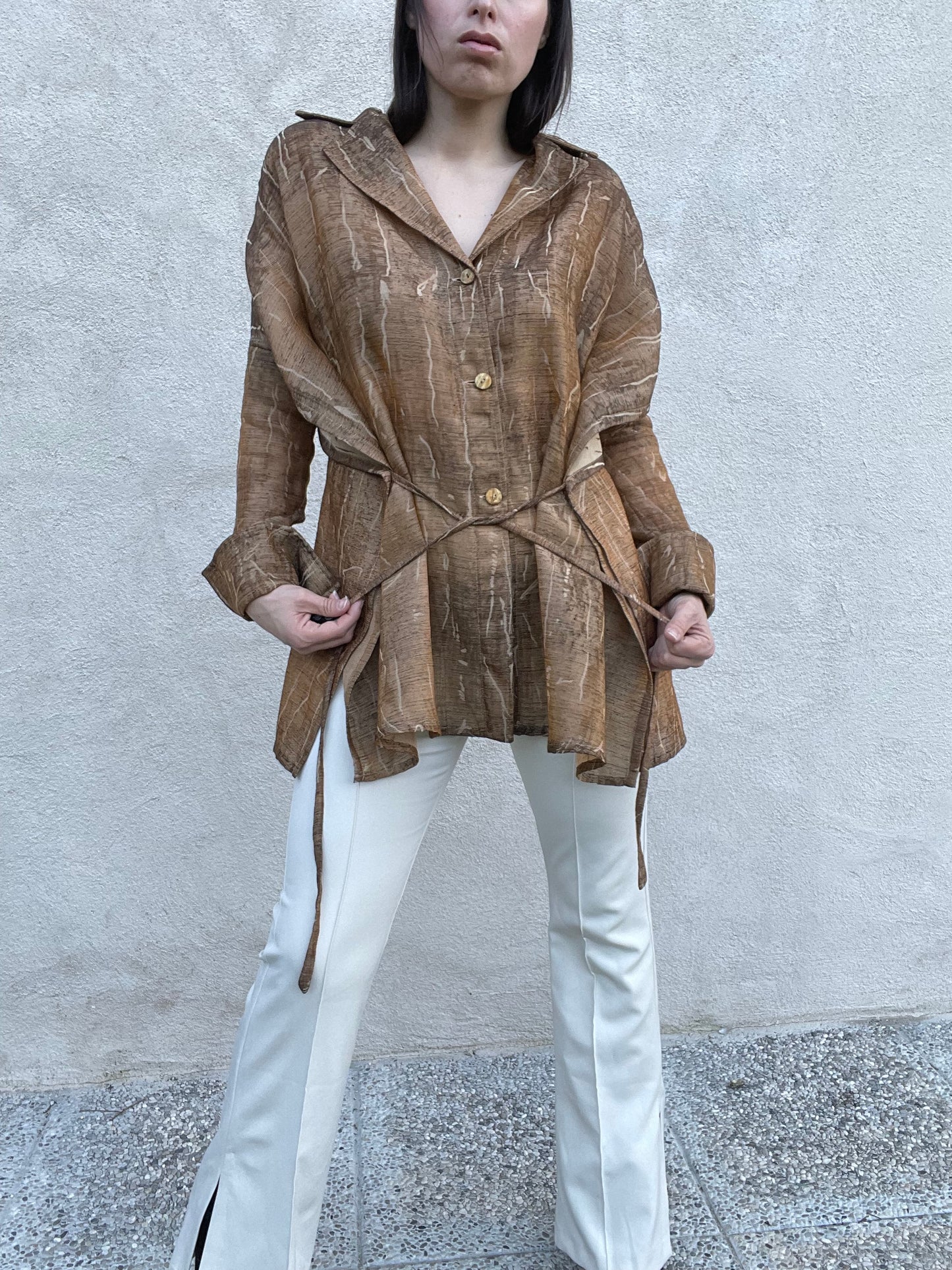 Gianfranco Ferré brown and beige cotton kimono shirt jacket