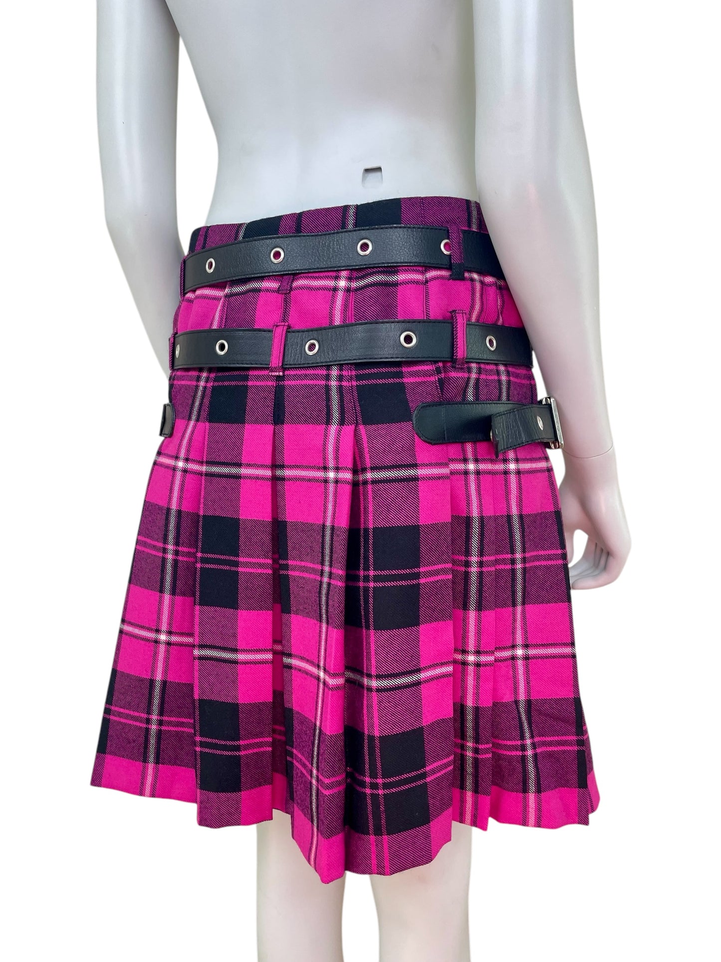 Dolce and Gabbana bondage pink plaid pleated mini skirt with leather belts