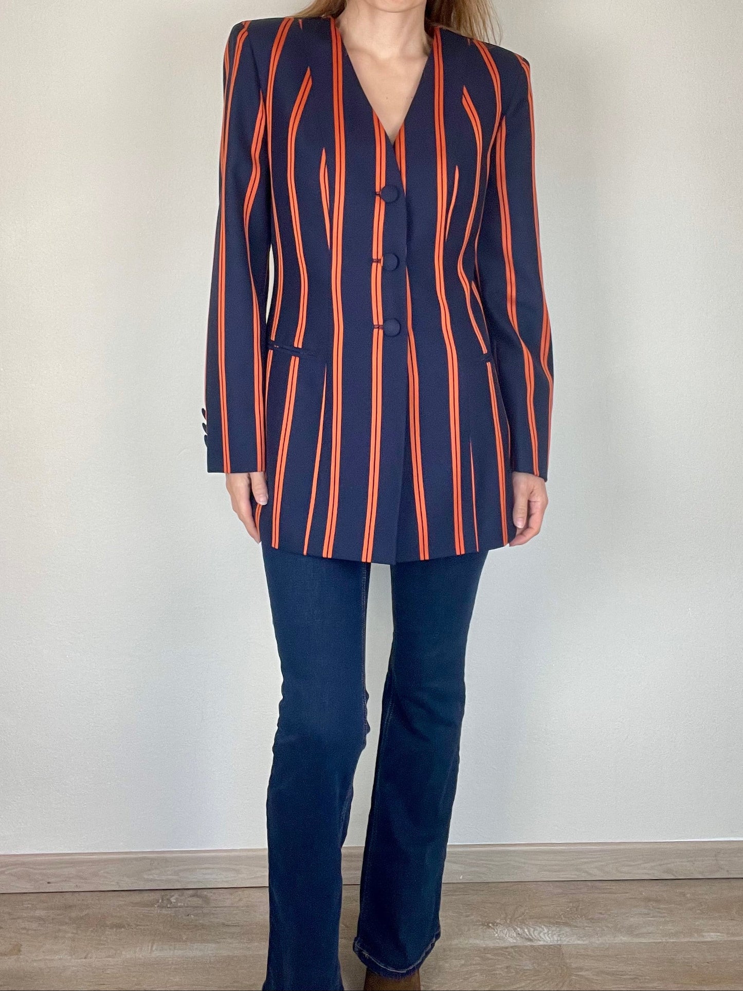 Moschino Couture navy and orange stripe blazer jacket