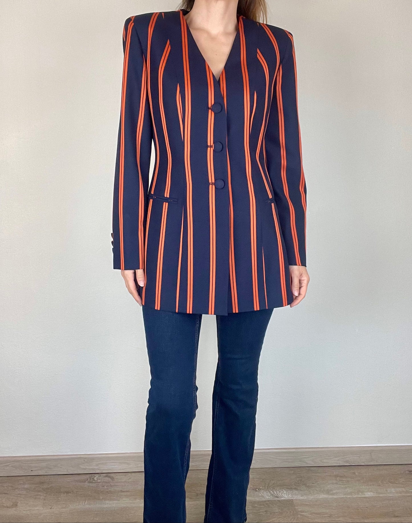 Moschino Couture navy and orange stripe blazer jacket
