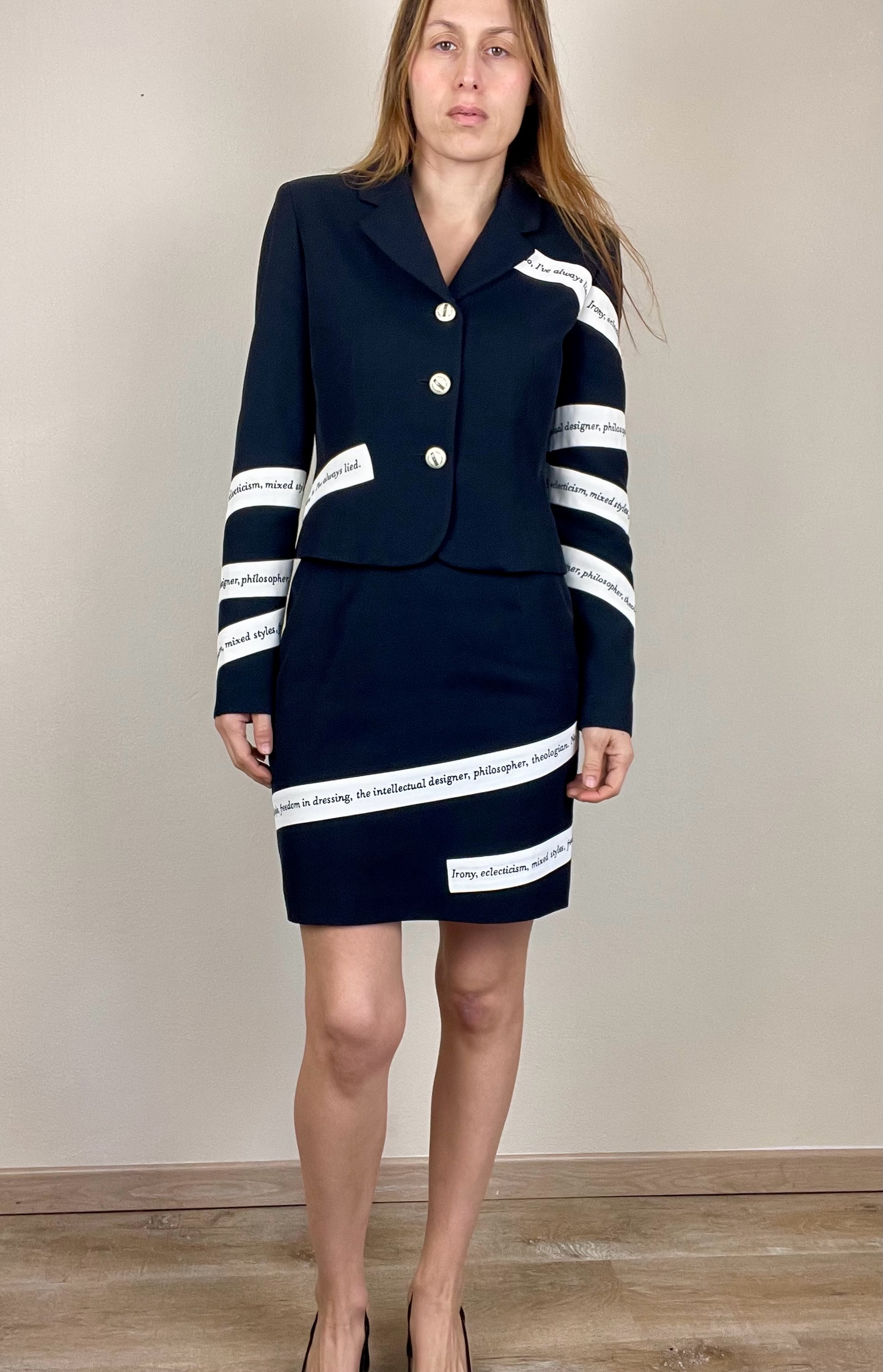 Moschino Cheap and Chic iconic text skirt suit the nanny Fran Fine