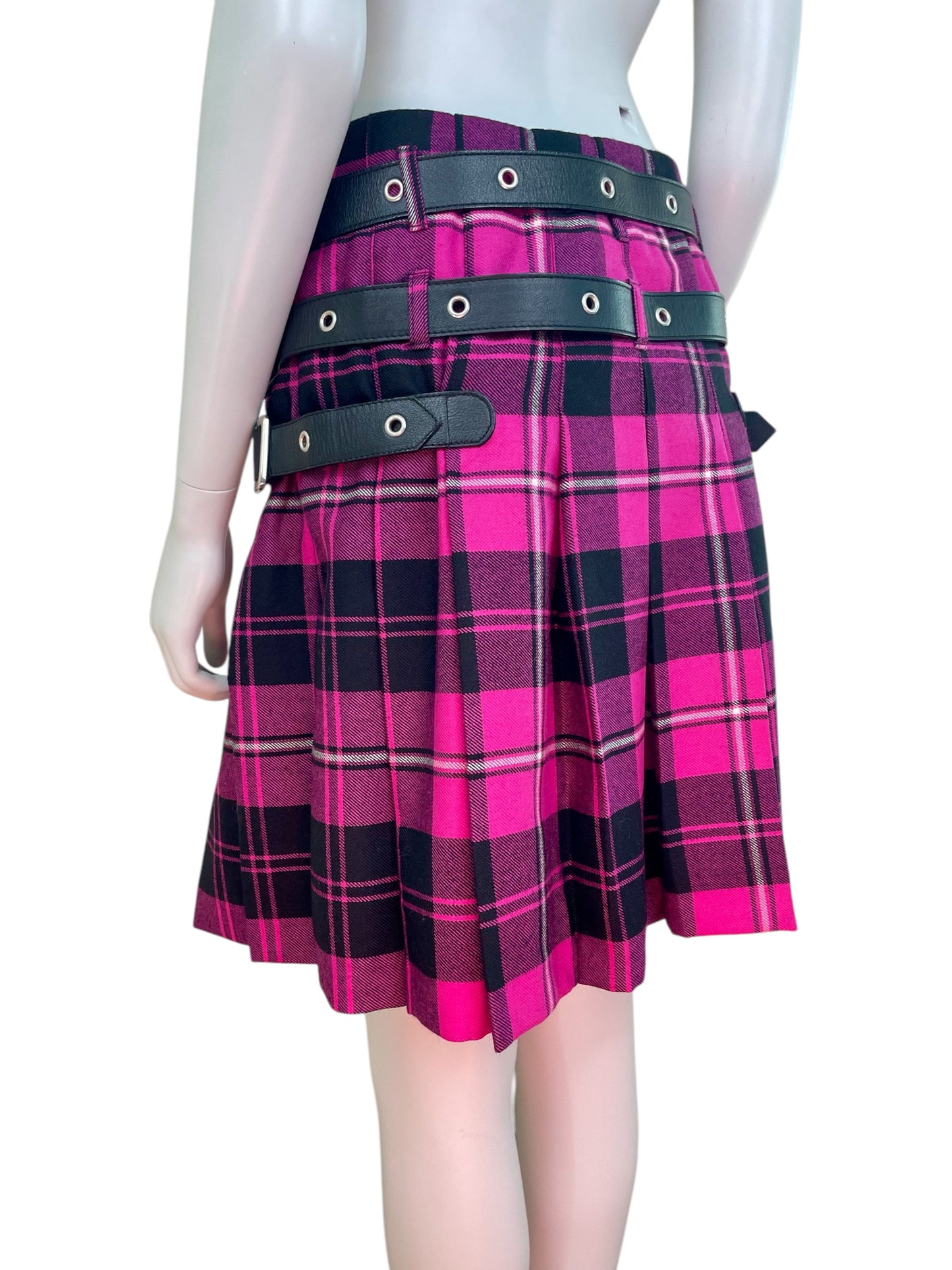 Dolce and Gabbana bondage pink plaid pleated mini skirt with leather belts