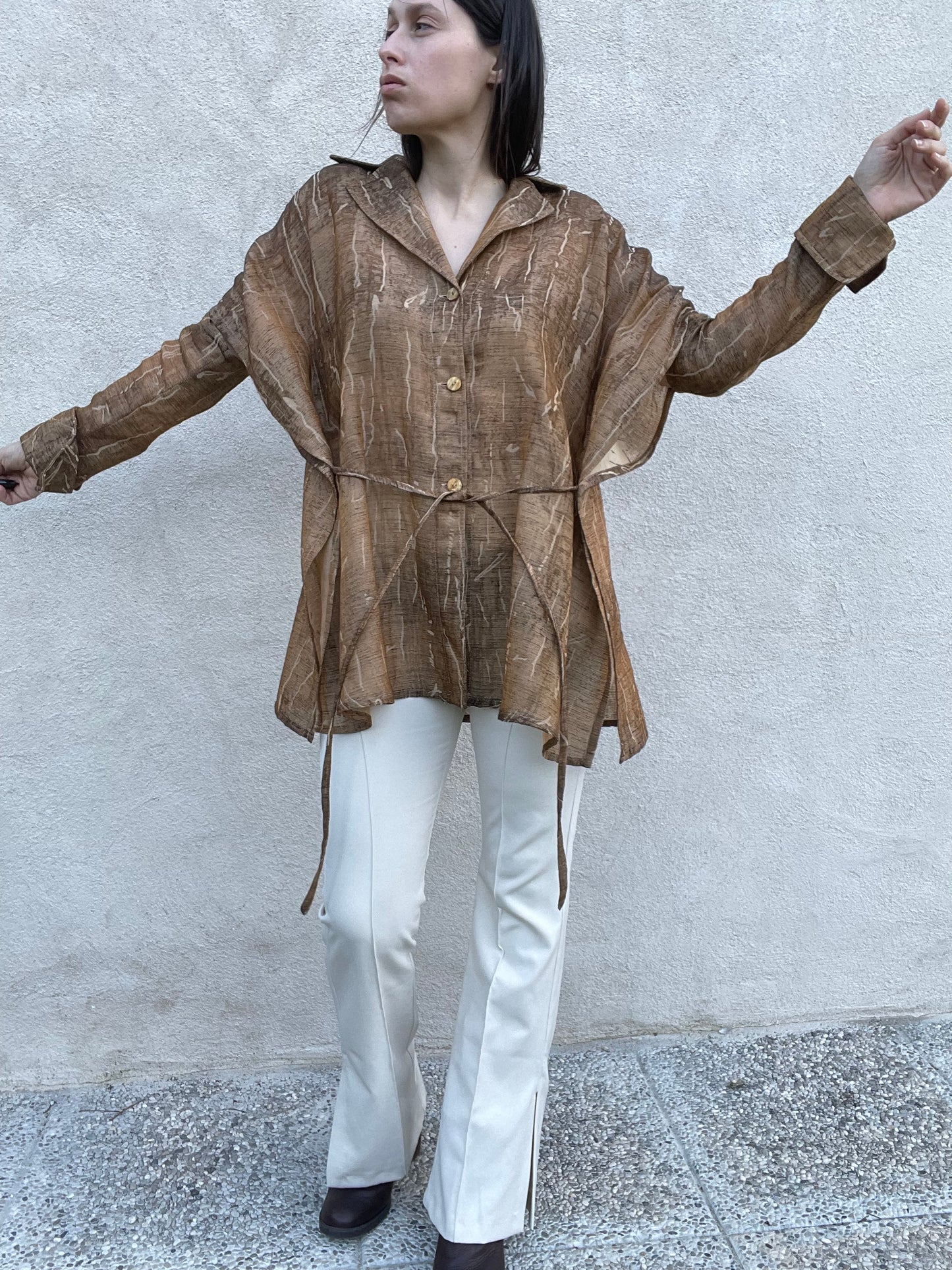 Gianfranco Ferré brown and beige cotton kimono shirt jacket