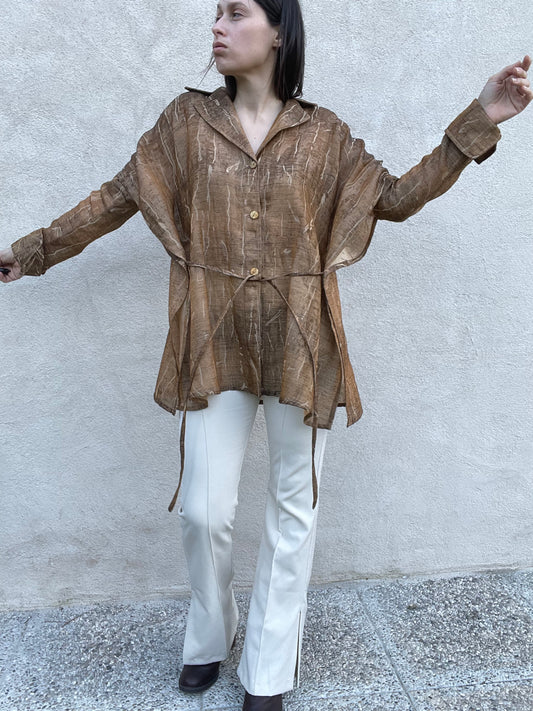 Gianfranco Ferré brown and beige cotton kimono shirt jacket