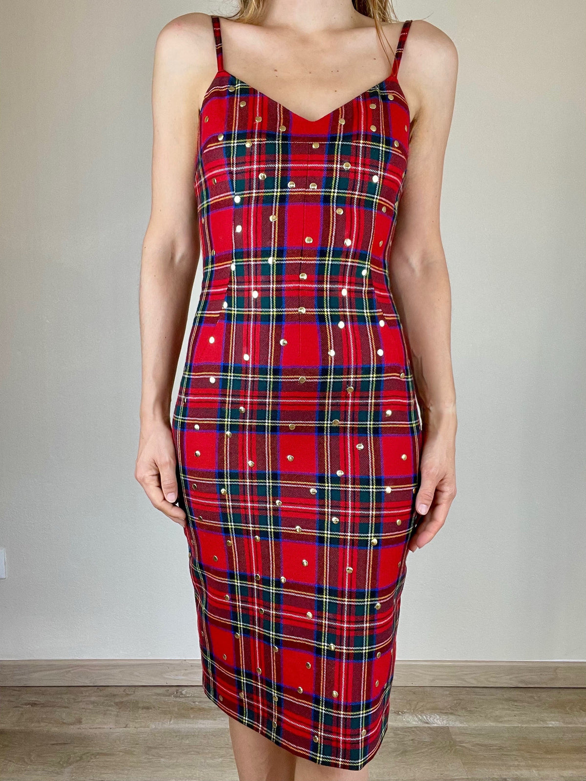 Dolce and Gabbana red plaid studded bodycon dress
