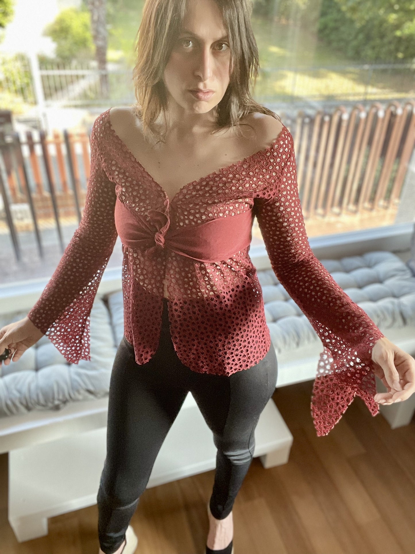 Romeo Gigli eyelet off shoulder blouse