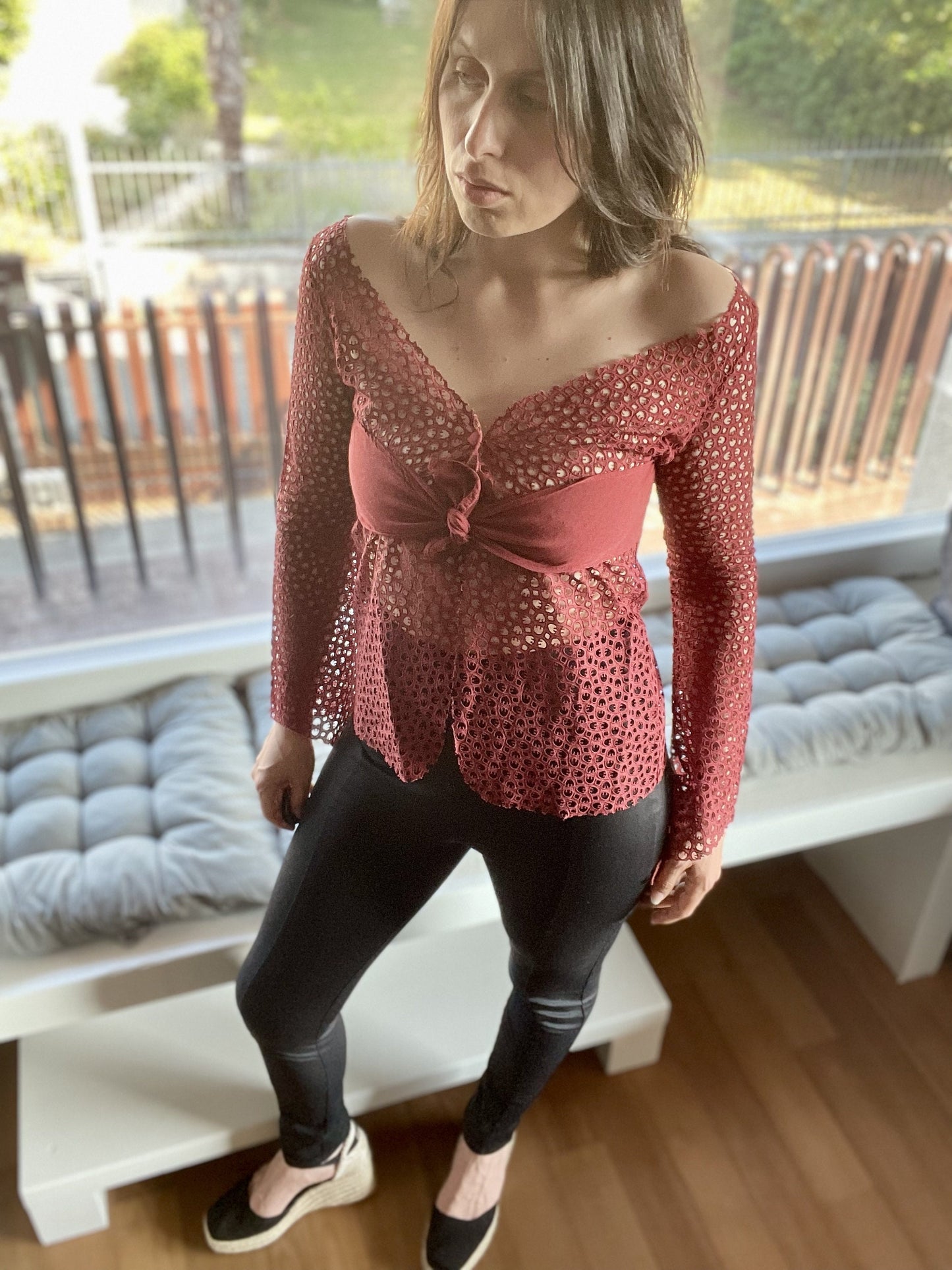 Romeo Gigli eyelet off shoulder blouse