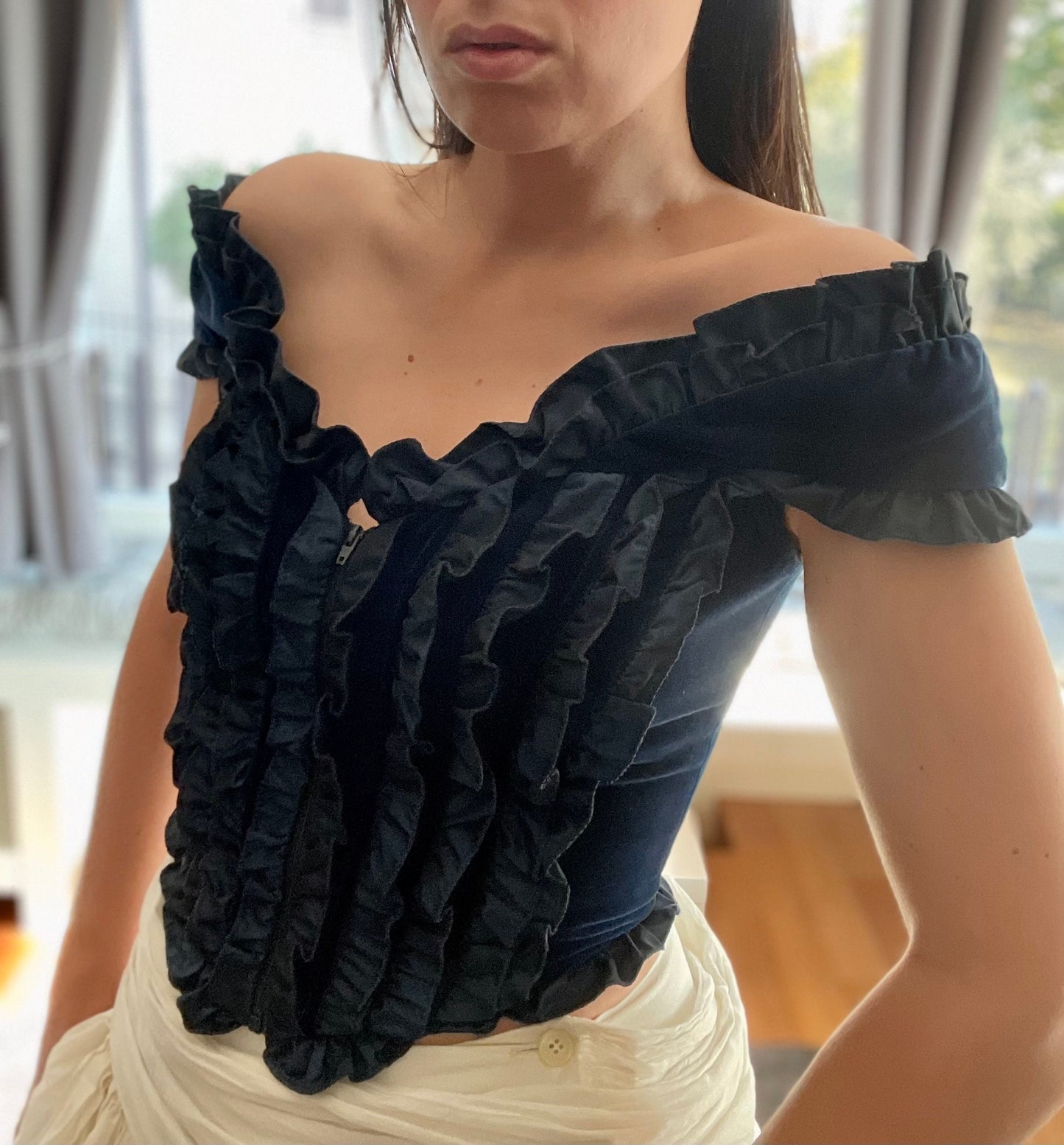 Blumarine Fall Winter 1992 velvet ruffled off shoulder corset top