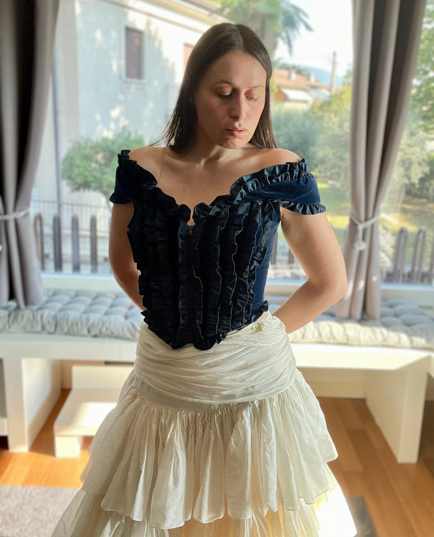 Blumarine Fall Winter 1992 velvet ruffled off shoulder corset top